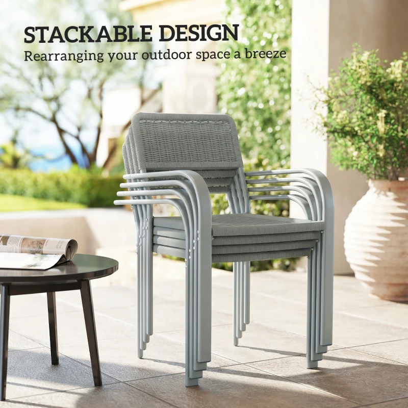Outsunny Stackable Garden Chairs Set of 4, Rattan Effect Outdoor Dining Chairs, Light Grey