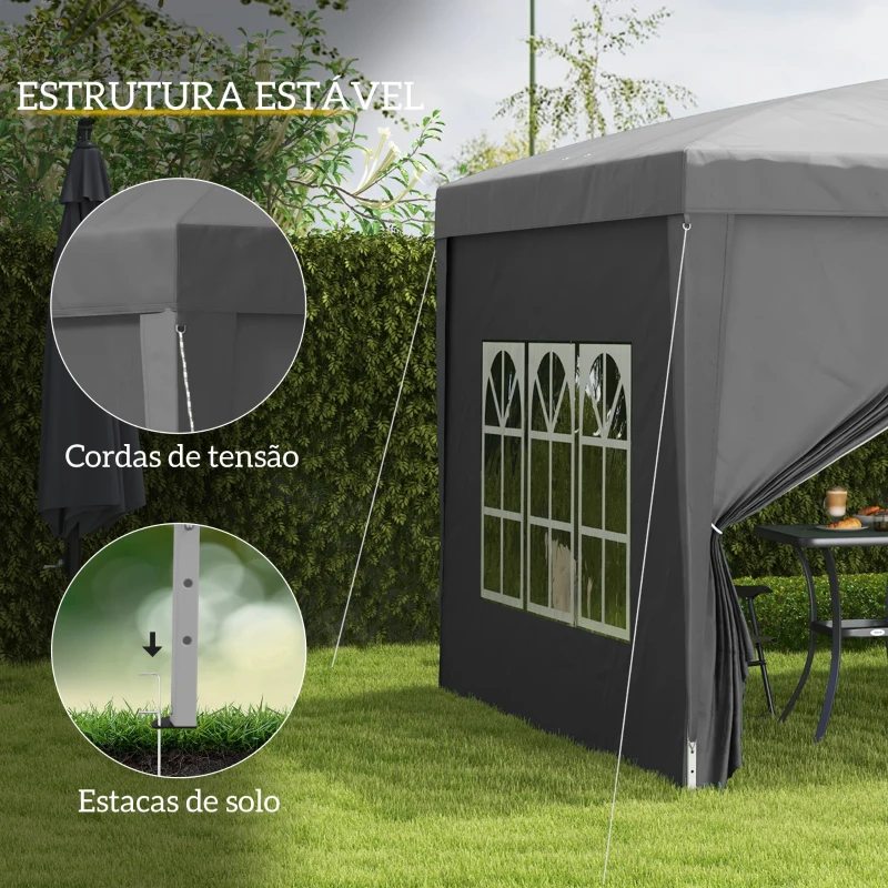 Outsunny Tenda de Jardim com Paredes Laterais Amovíveis Janelas Porta com Fecho de Correr e Bolsa de Transporte 295x295x196-258 cm Cinzento