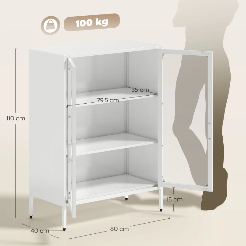 HOMCOM Mobile Portadocumenti in Acciaio con 2 Ante in Vetro e Ripiani Regolabili, 80x40x110 cm, Bianco
