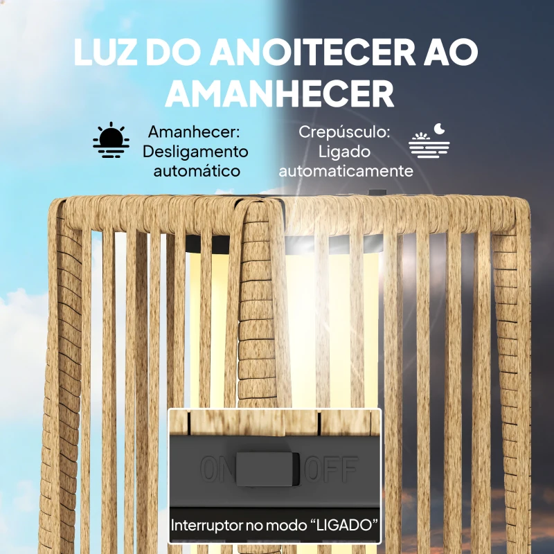 Outsunny Candeeiro Solar de Jardim em Vime com Luz LED Automática, Impermeável IP44, 19x19x68 cm, Cor Areia