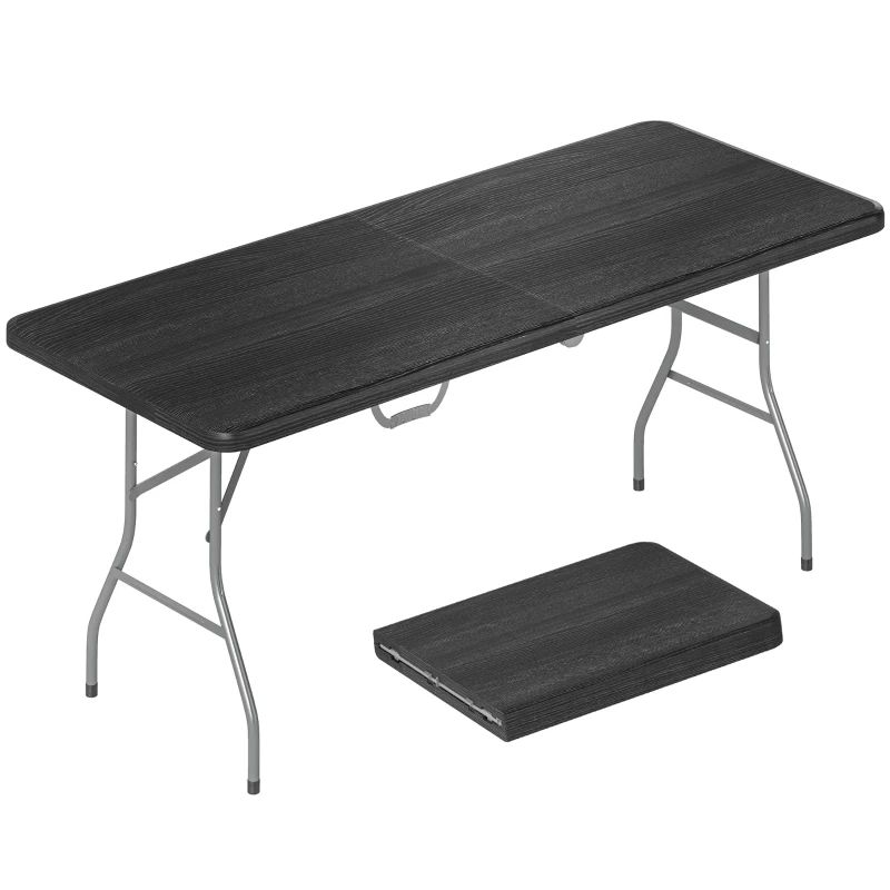 Outsunny Masă pliantă din HDPE masă de camping pliantă pentru exterior cu mâner capace antiderapante la picioare 180 x 74 x 74 cm, negru