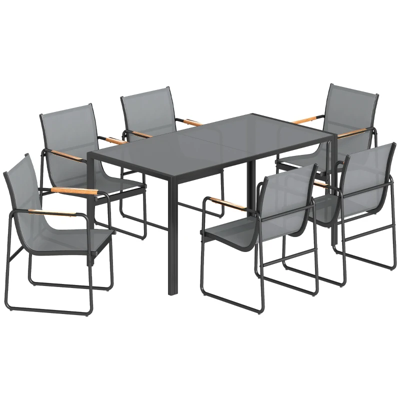 Outsunny Ensemble de Salle à Manger d'Extérieur 7 Pièces pour 6 Personnes, Table en Verre et Chaises en Maille avec Accoudoirs Décoratifs, Gris