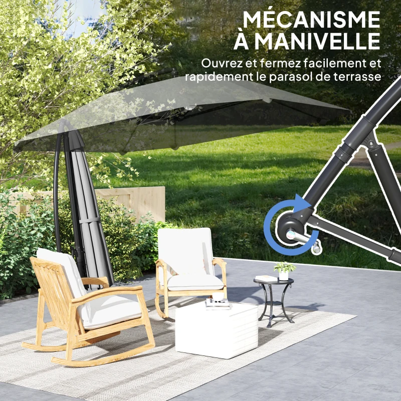 Outsunny Parasol déporté 3 m, parasol de jardin extérieur Inclinable, Base, Manivelle, toile polyester 180 g/m², Gris Foncé