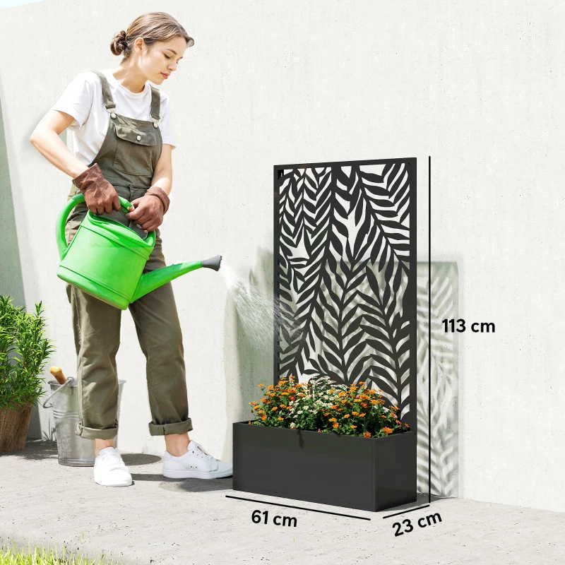 Outsunny Planter with Privacy Screen and Trellis, Tropical Leaf Motif, 61 x 23 x 113 cm, Black