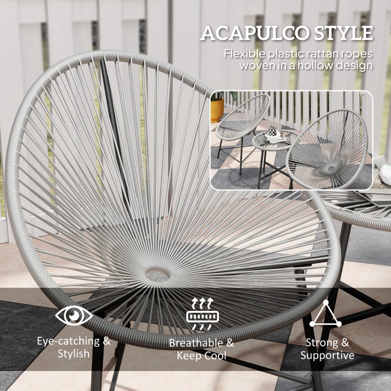 Outsunny 3-częściowy zestaw mebli ogrodowych, 2 krzesła z rattanu, 1 stół ze szklanym blatem, stalowa konstrukcja, meble balkonowe, szary