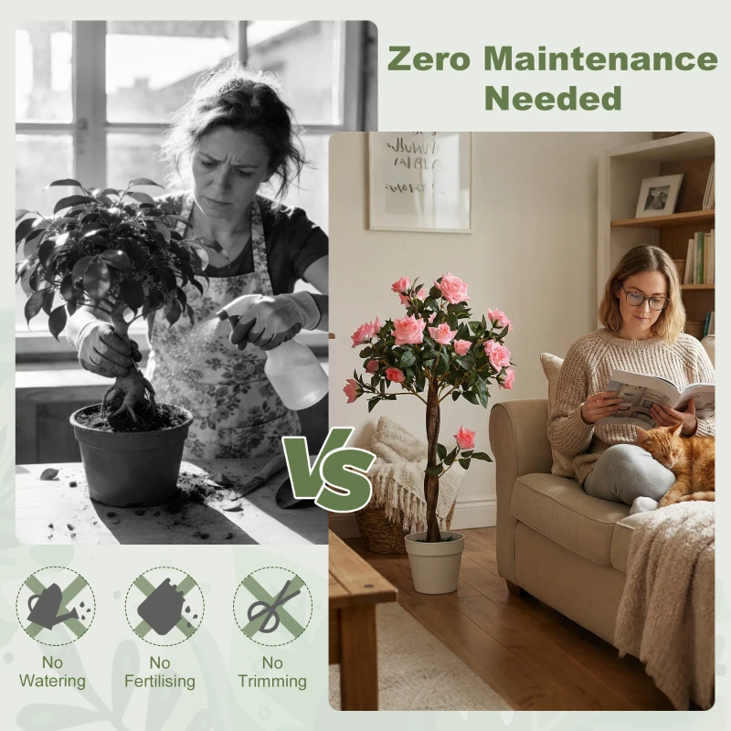 Outsunny 90cm/3FT Artificial Rose Tree Fake Decorative Plant w/ 21 Flowers Pot Indoor Outdoor Faux Decoration Pink & Green