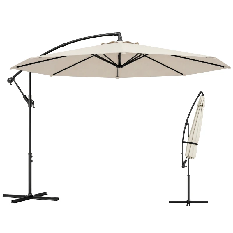 Outsunny Chapéu de Sol Excêntrico Ø300 cm com Base Cruzada Toldo Ajustável e Manivela UPF30+ para Terraço Pátio Creme