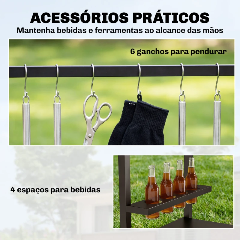 Outsunny Carrinho de Churrasco de 2 Níveis Mesa Auxiliar para Churrasco Móvel com Rodas Porta-bebidas Ganchos Pega Preto e Castanho