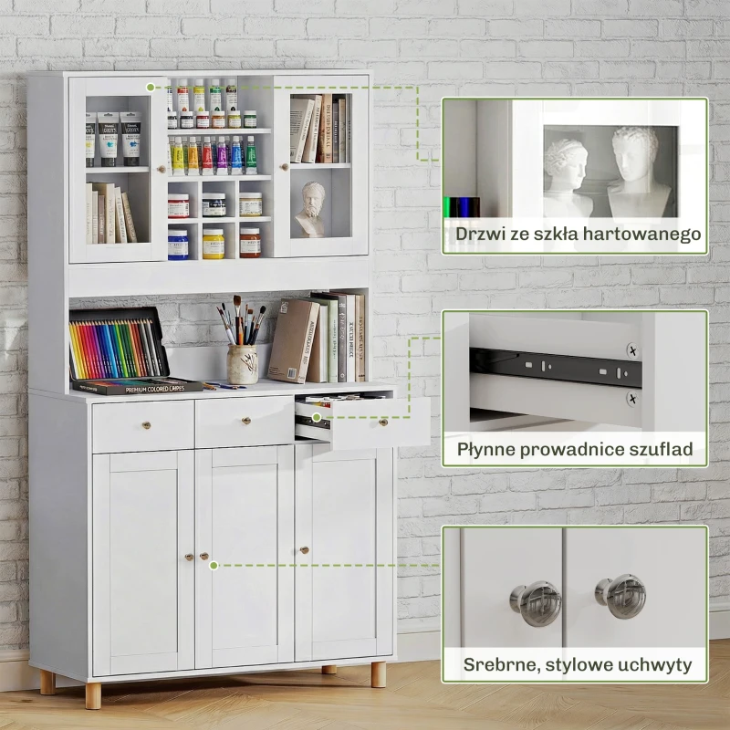 HOMCOM Biała szafka artystyczna 180cm – Witryna na dzieła i organizer do pracowni – Szkło, szuflada & regulowane półki – 100x40cm(m-8)