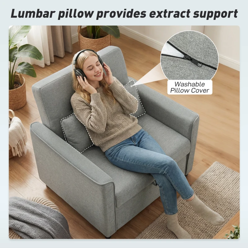 HOMCOM 3-w-1 Fotel z Funkcją Łóżka, Rozkładany Fotel Sofa z Regulowanym Oparciem, Szary