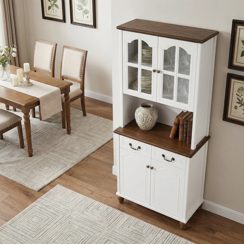 HOMCOM Szafka kuchenna z 2 szufladami, wysoki szafką z otwartą półką, szafka z witryną i funkcją Soft-Close do salonu, kuchni, 76 x 38 x 182 cm, biały(m-15)