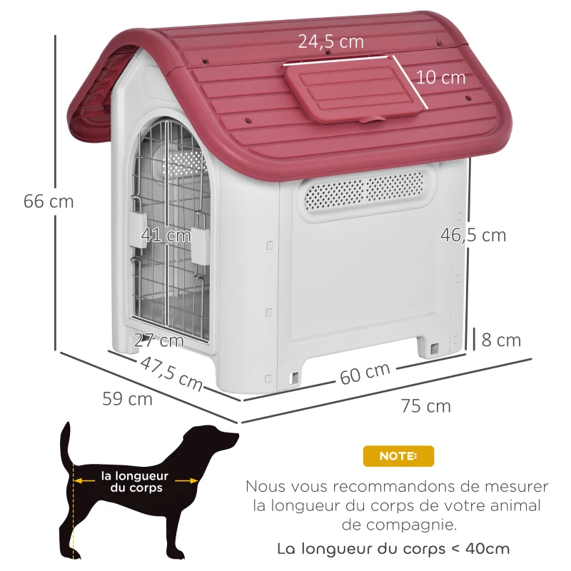 PawHut Niche pour chien extérieur et intérieur double porte en métal et multi-ventilation 59 x 75 x 66 cm rouge
