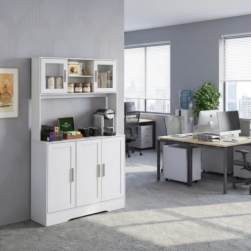 HOMCOM Szafka kuchenna, Design skandynawski, 4 szafki, Regulowane półki, Drzwi ze szkła, Otwarta przestrzeń, Płyta wiórowa, MDF, Biały(m-15)