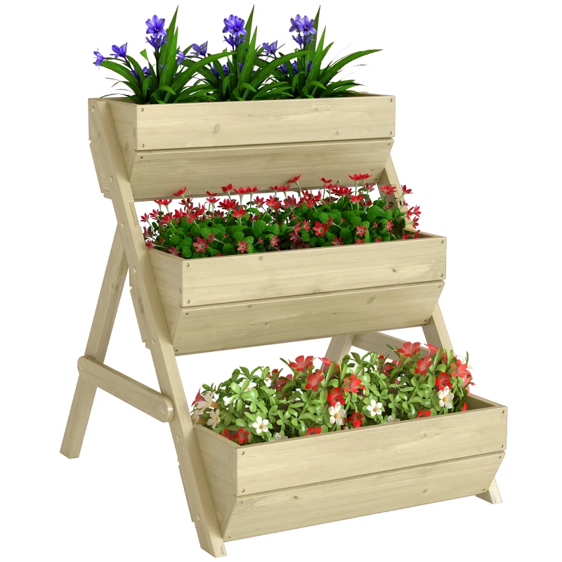 Outsunny Jardinière surélevée en bois avec 3 étages, étagère en escalier pour plantes avec trous de drainage, 65x75x76cm, vert