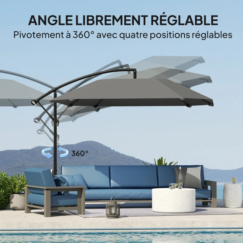 Outsunny Parasol déporté 3 m, parasol de jardin extérieur Inclinable, Base, Manivelle, toile polyester 180 g/m², Gris Foncé