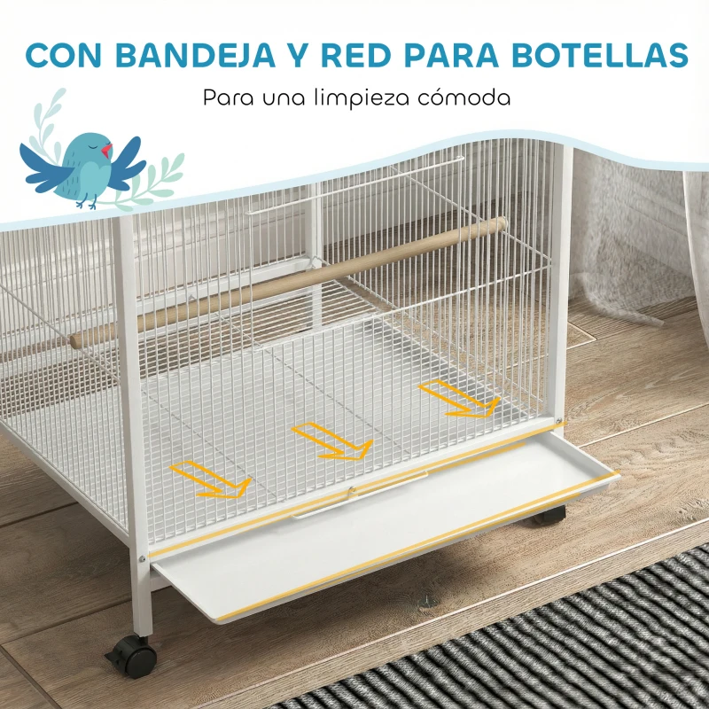 PawHut Jaula para Pájaros con Ruedas con Comederos Perchas Columpio y Bandeja Extraíble 48x46x78 cm Blanco