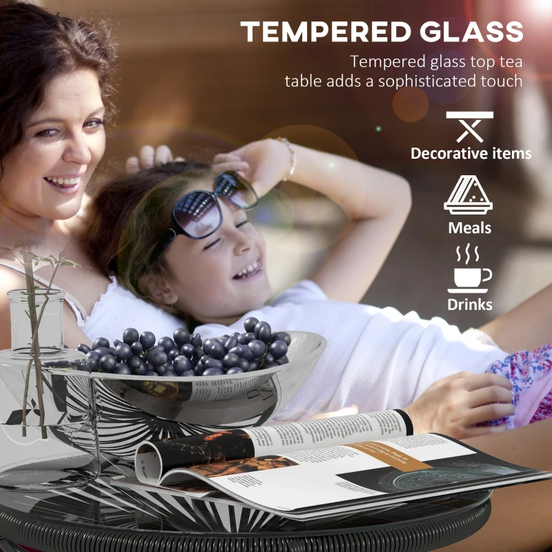 Outsunny Stolik ogrodowy w stylu boho Stolik pomocniczy na zewnątrz, rattan PE, szkło hartowane, odporny na warunki atmosferyczne, 50 cm x 50 cm x 50 cm, Czarny