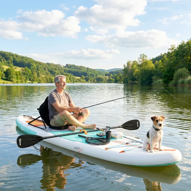 Outsunny Aufblasbares extra-langes SUP-Paddleboard 335 cm mit Sitz, verstellbarem Paddel, Finnen, Pumpe und Rucksack, Tragkraft 180 kg