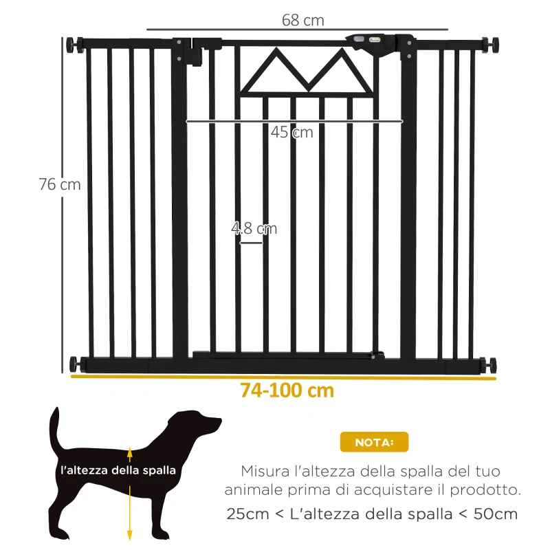 PawHut Cancelletto per Cani con 4 Viti Regolabili e Nastro Adesivo, in Metallo e Plastica, 74-100x76 cm, Nero