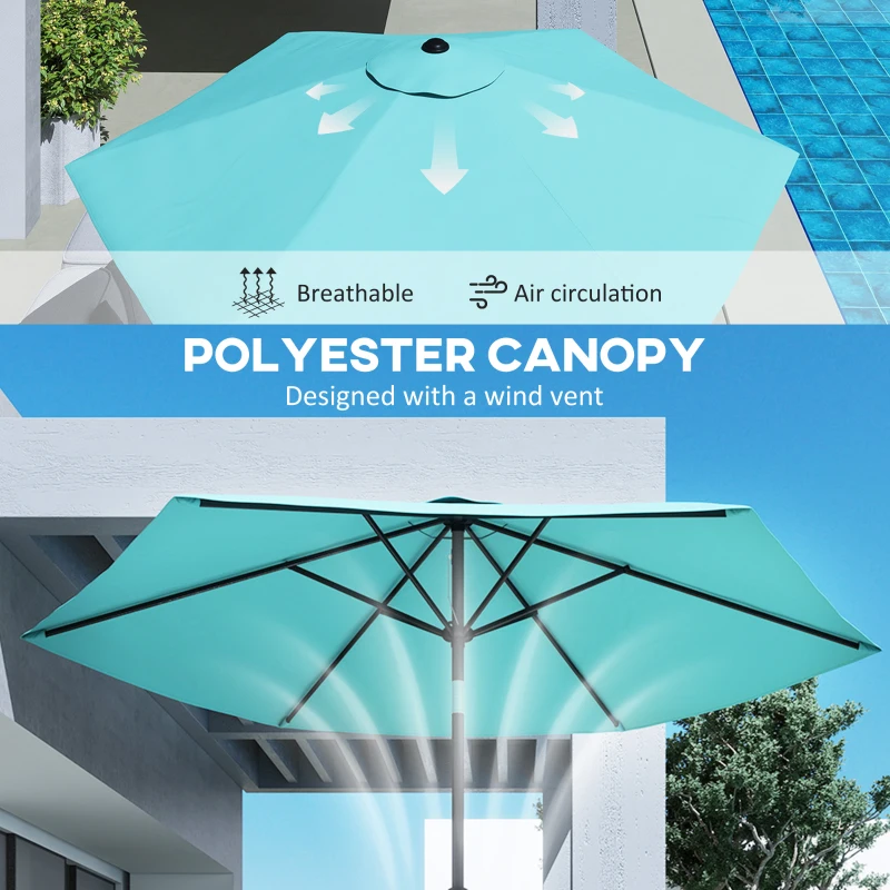 Outsunny 2.6 m Garden Parasol Umbrella with Aluminium Pole, Outdoor Patio Umbrella with Tilt and Crank, Vent, Turquoise