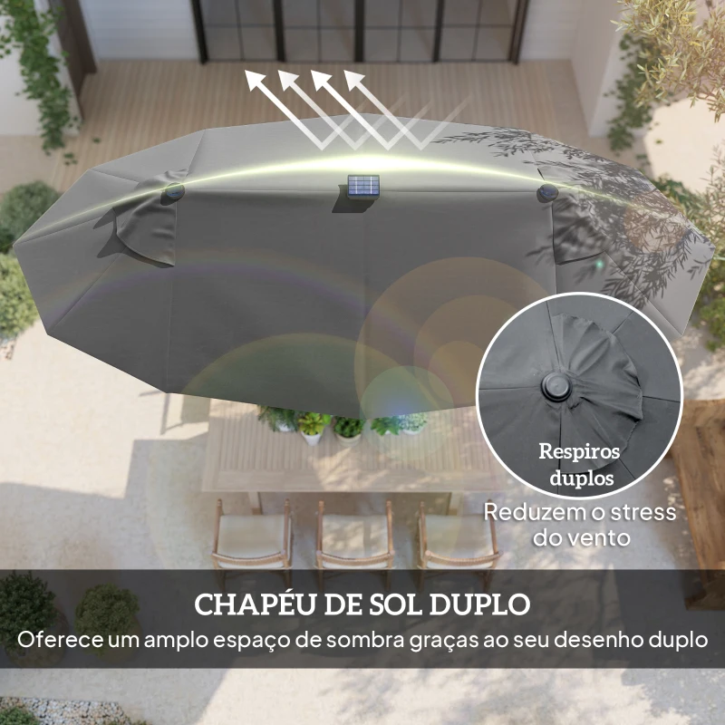 Outsunny Chapéu de Sol Duplo 295x150x219 cm com Luzes LED Solares Teto com Inclinação Ajustável e Manivela Manual para Jardim Cinza