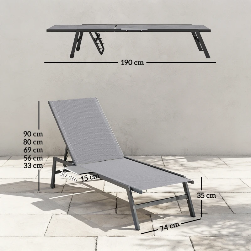 Outsunny 2-delige set tuinligbedden met 5-voudig verstelbare rugleuning, zijtafel, 2 wielen, antislipvoetjes, grijs