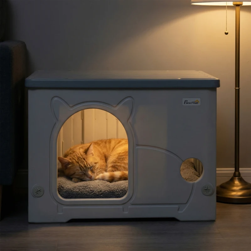 PawHut Cat House Stackable Pet Shelter with Removable Cushion for Indoor Outdoor Use Grey