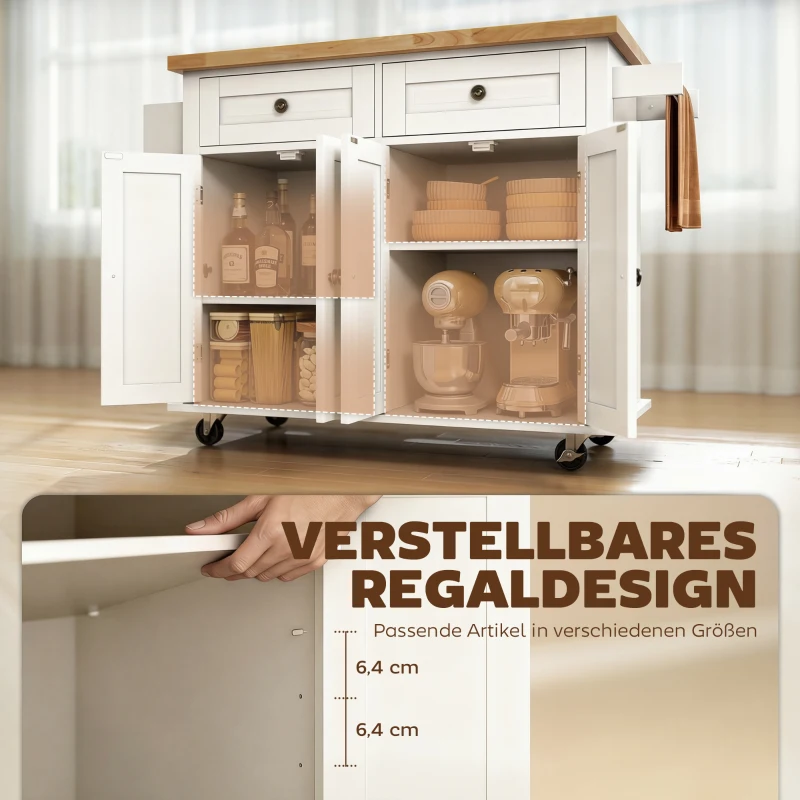 HOMCOM Küchenschrank, Servierwagen, Kücheninsel mit Rollen, Küchenwagen, Küchenregal mit Schublade und verstellbares Regal, Gummiholz, MDF, Spanplatte, Weiß, 111 x 44,5 x 82,5 cm