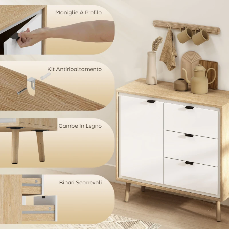HOMCOM Credenza Moderna con 3 Cassetti e Armadietto, Ripiano Interno Regolabile e Ante Lucide, Bianco e Rovere