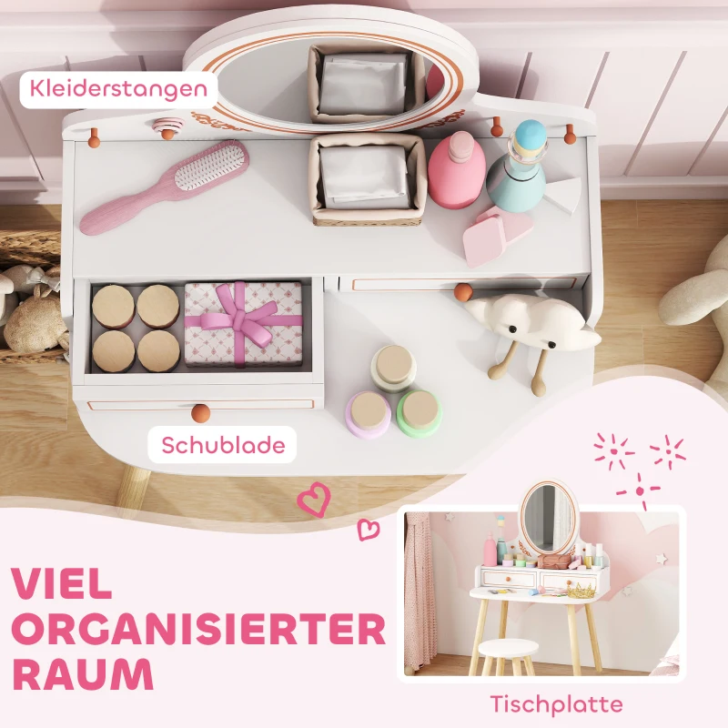 AIYAPLAY Kinder Schminktisch Set Frisiertisch mit Hocker Spiegel Schubladen Kleiderstangen für 3-8 Jahre 56 x 38 x 87,8 cm Weiß