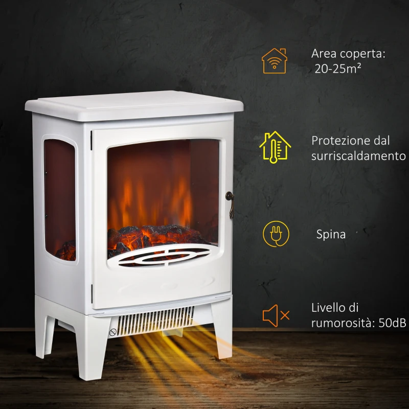 HOMCOM Camino Elettrico Effetto Fiamma e 3 Lati Aperti, Temperatura Regolabile 900W-1800W, Protezione da Surriscaldamento, Copertura 20-25m², 39x26x54.8cm, Bianco