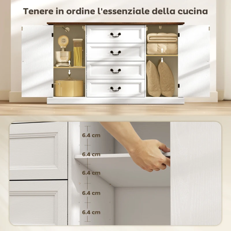 HOMCOM Credenza da Cucina Stile Vintage con 4 Cassetti e 2 Armadietti con Mensole Regolabili, 147x40x87, Legno Bianco