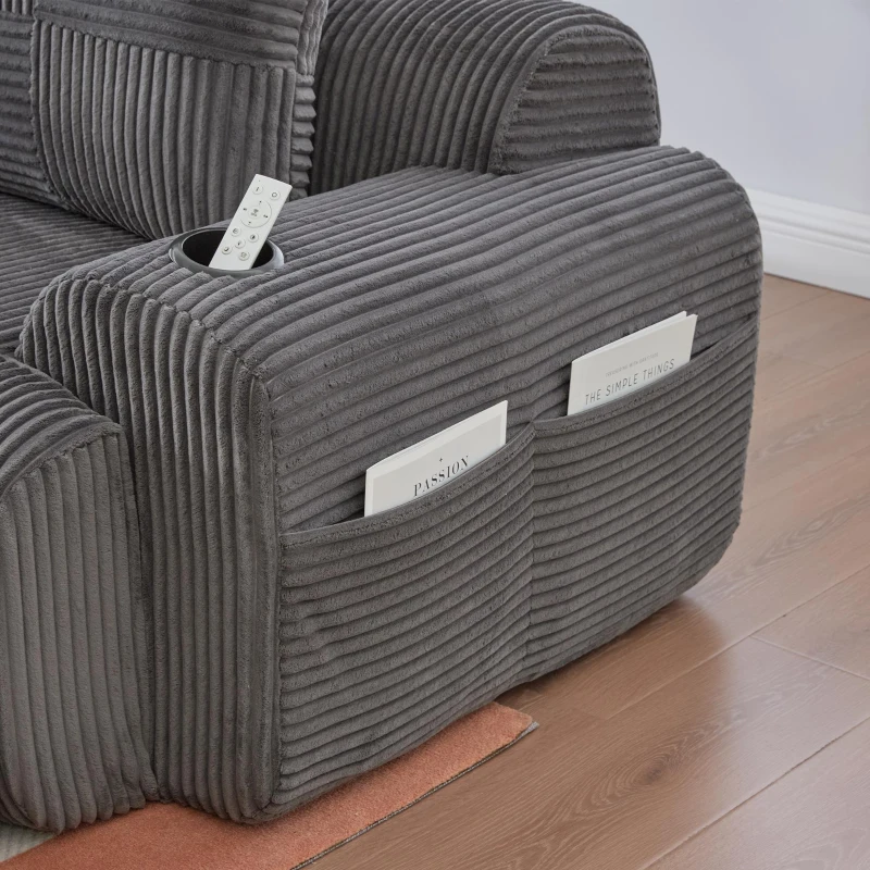 Modulares 2-Sitzer-Cordsofa, mit Getränkehalter und Seitentasche, 200 x 99 x 80 cm, Dunkelgrau