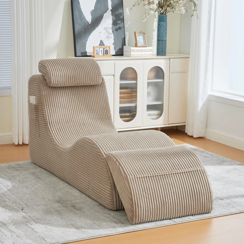 Moderner Freizeit-Sessel mit ergonomischer Rückenlehne, abnehmbarem Sitzkissen und Seitentasche, 160 x 66 x 90 cm, Khaki