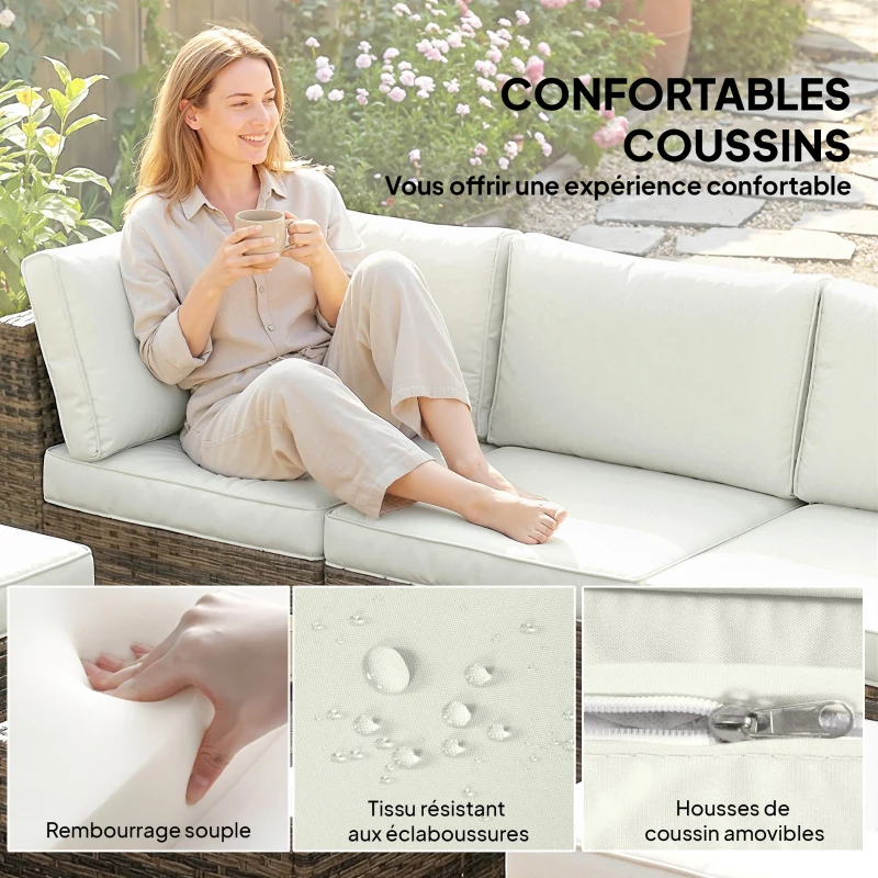 Outsunny Salon de jardin extérieur d'angle 5 places en résine tressée, canapés, repose-pieds, table basse et coussins, crème