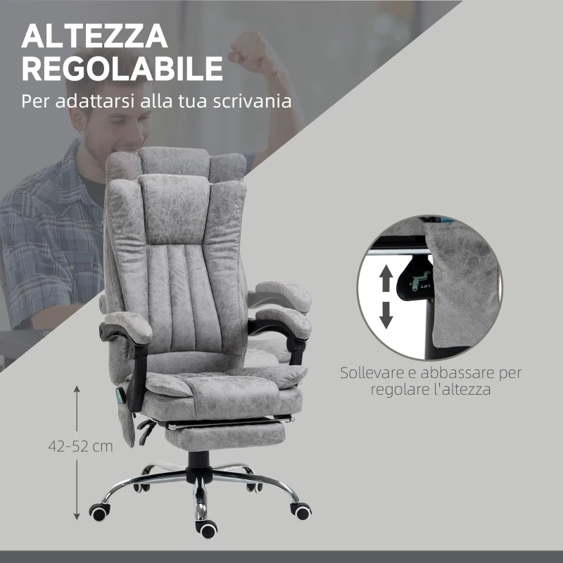 Vinsetto Sedia da Ufficio Massaggiante e Riscaldante ad Altezza Regolabile, Poltrona con Poggiapiedi, Sedia Ergonomica in Microfibra, 62x70x113-120 cm, Grigio