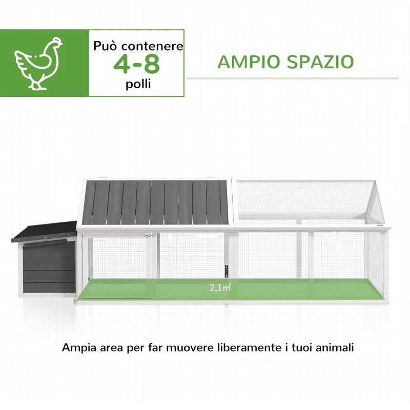 PawHut Pollaio da Giardino per 4-8 Galline in Legno con Rete Metallica e Tetto Apribile, 240x112.5x76 cm, Bianco