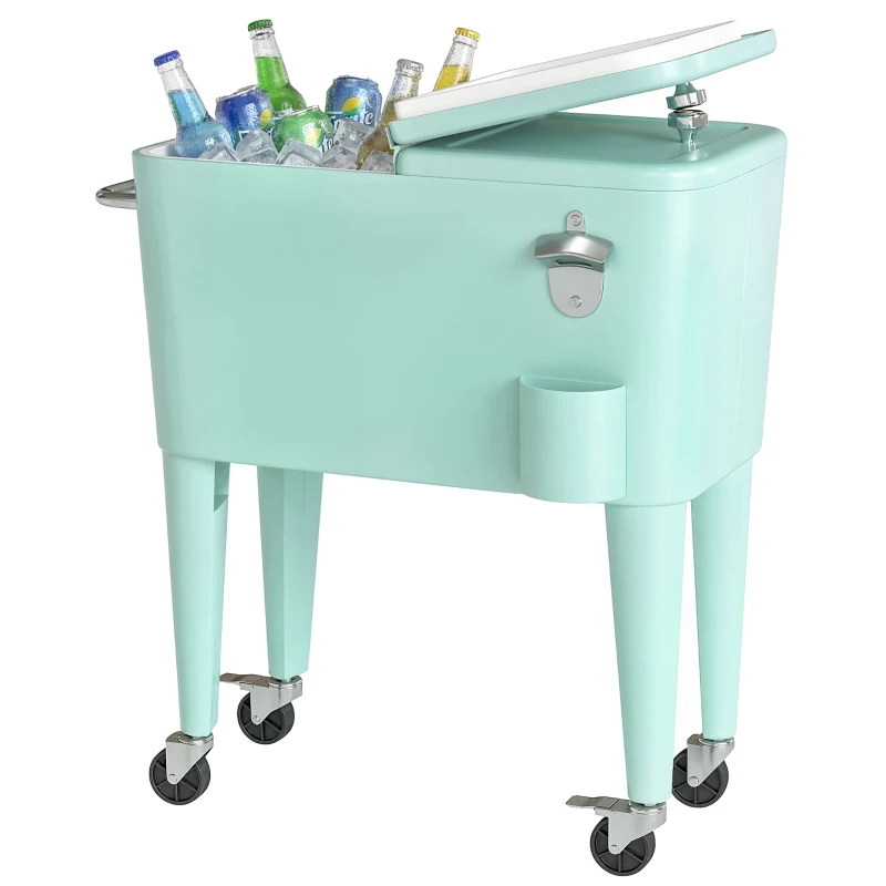 Outsunny Carro de Bebidas Refrigerado 56L com Rodas Abre-garrafas Coletor de Tampas e Alça para Jardim e Festas 75x35x78 cm Verde Claro