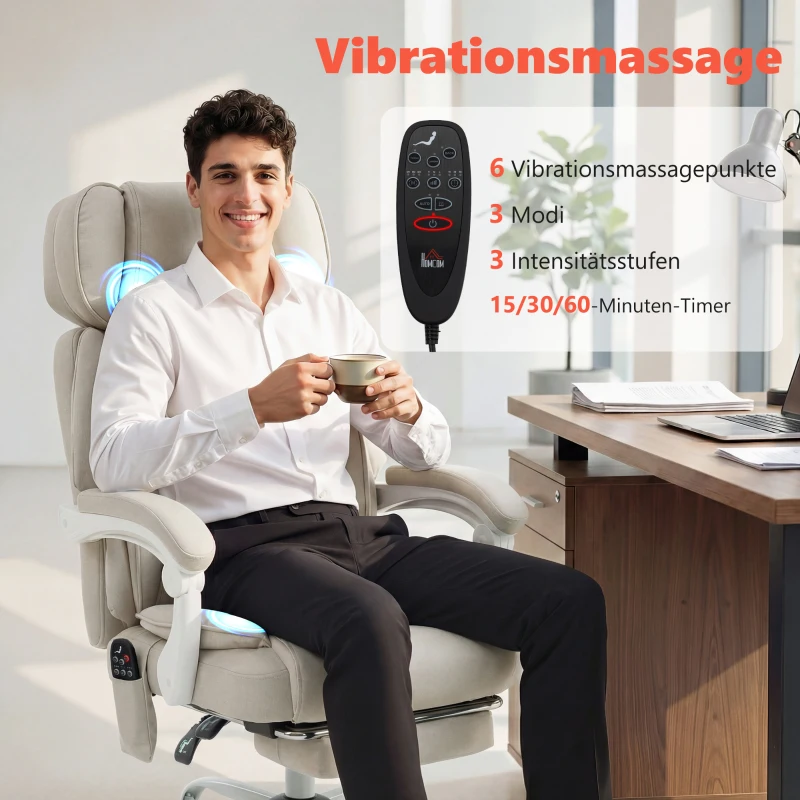 HOMCOM Ergonomische bureaustoel met vibratiemassage en verwarming, kantelbaar, met voetsteun, crème wit