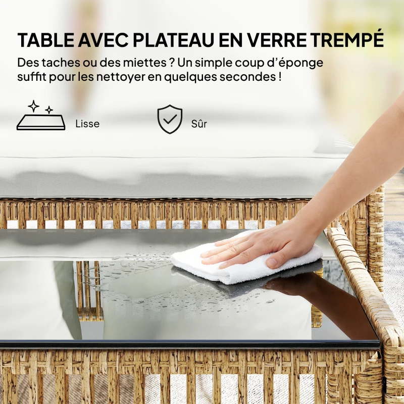 Outsunny Salon de jardin extérieur d'angle 4 places en résine tressée, canapé 2 places, chaise longue, table basse, crème