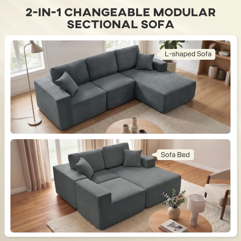 HOMCOM Modułowa narożna sofa, L-kształtna sofa-łóżko z głębokim siedziskiem, szerokimi podłokietnikami, 2 poduszki, ciemnoszary