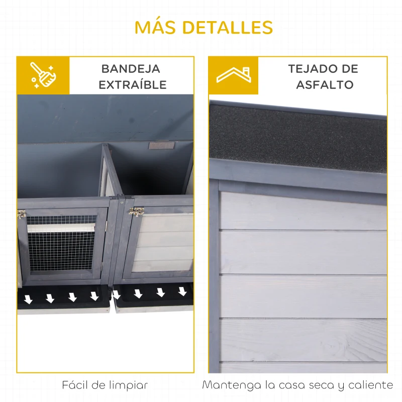 PawHut Jaula para Conejos con Techo Asfáltico Abatible Puertas con Pestillo Bandejas Extraíbles y Comedero 112x50x54 cm Gris