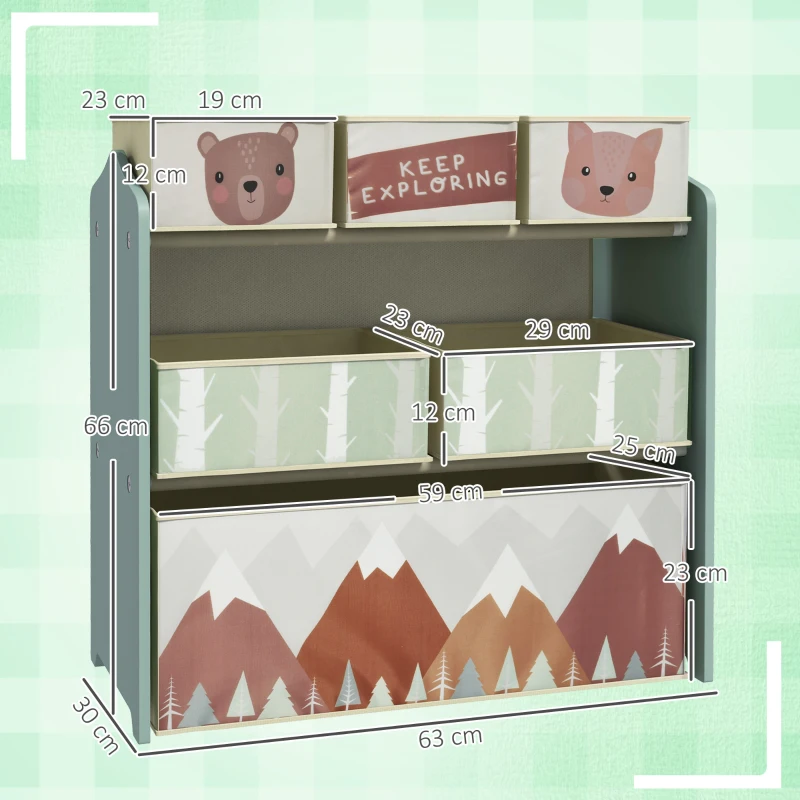 ZONEKIZ Scaffale Portagiochi per Bambini con 6 Contenitori Rimovibili in Tessuto, 63x30x66cm, Verde