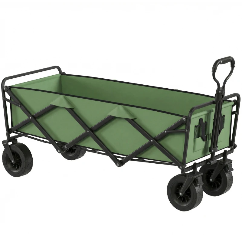 Outsunny Chariot de Jardin Pliable 130L avec Roues, Remorque Robuste avec Freins, Poignée Réglable, vert
