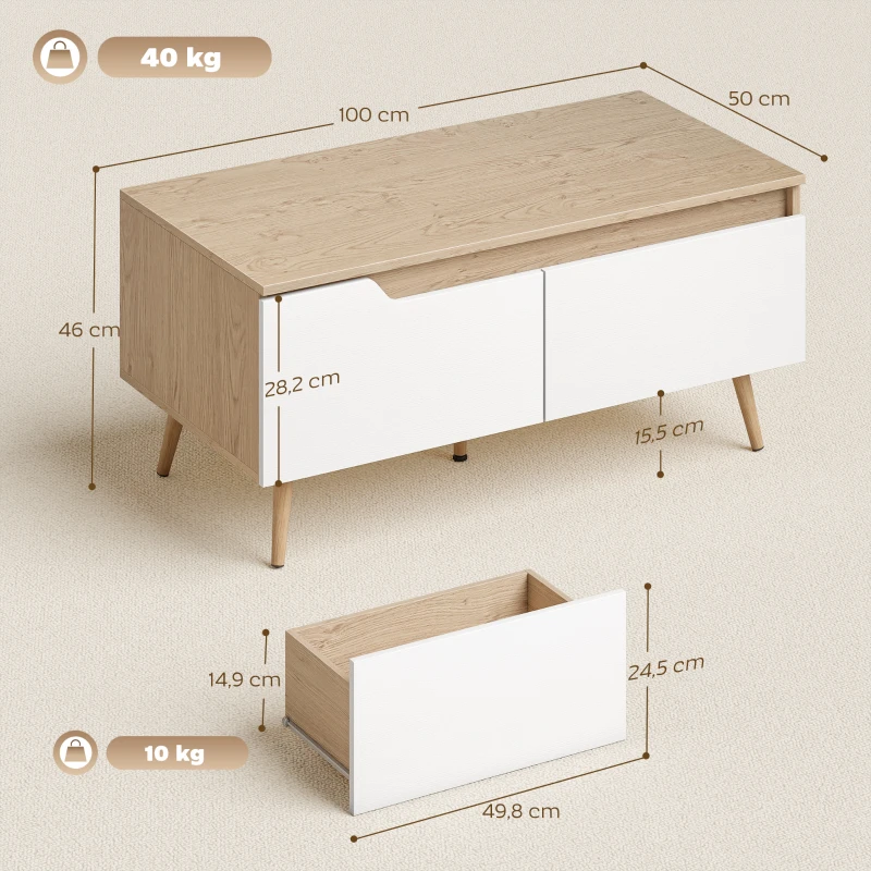 HOMCOM Mesa de Centro con 2 Cajones Mesa baja para Salón con Patas de Madera de Pino 100x50x46cm Roble