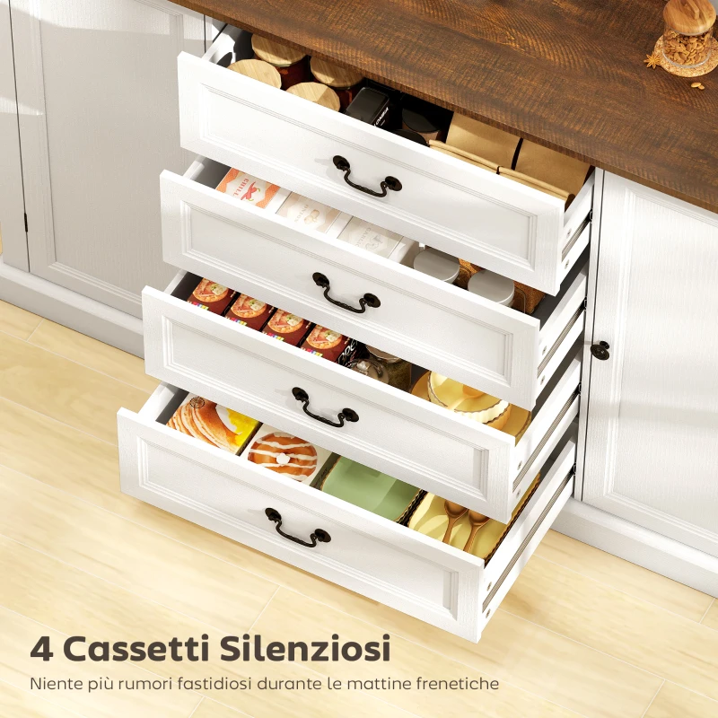 HOMCOM Credenza da Cucina Stile Vintage con 4 Cassetti e 2 Armadietti con Mensole Regolabili, 147x40x87, Legno Bianco