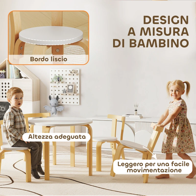 AIYAPLAY Set Tavolo e Sedie per Bambini 3-8 Anni 5 pz con Bordi Arrotondati in Legno Bianco