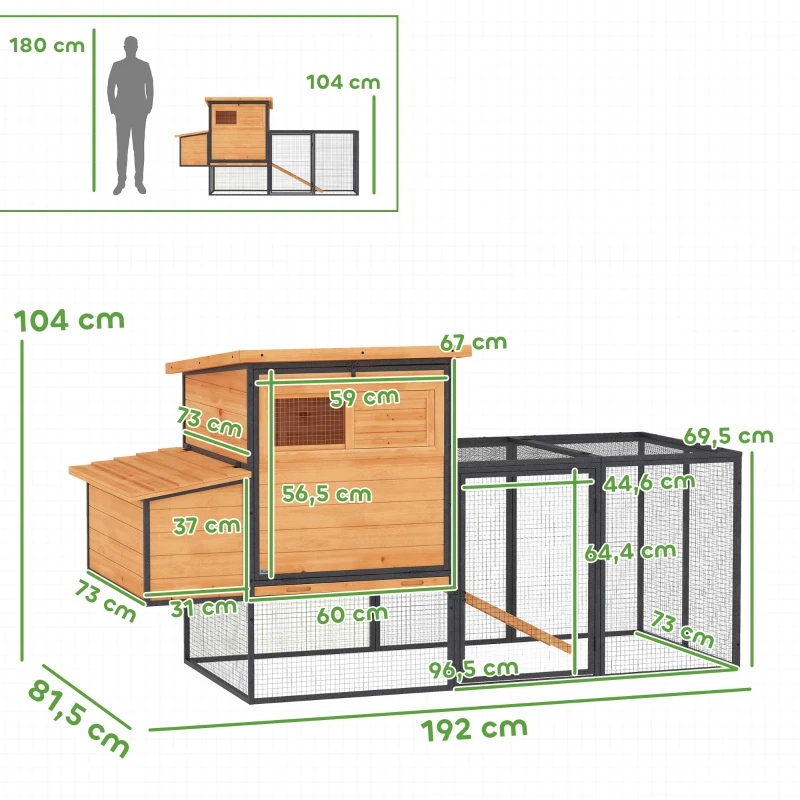 PawHut Poulailler cage à poule en bois et acier avec enclos pondoir tiroir à déjection et toit ouvert 192x81,5x104cm orange