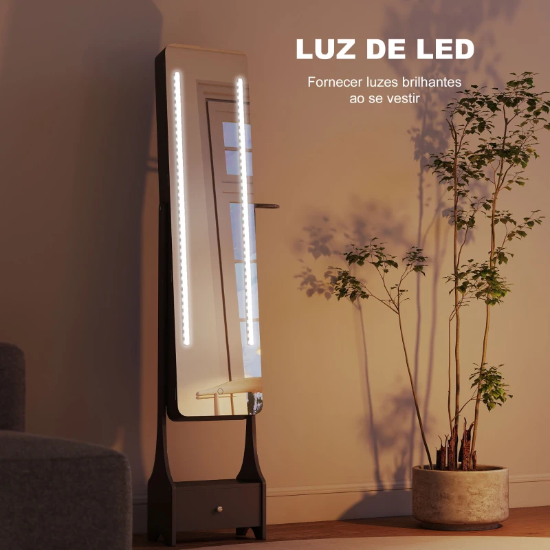 HOMCOM Espelho para Joias com Luzes LED Armário para Joias com Espelho de Corpo Inteiro Ajustável Gaveta Luzes com Desligar Automático Cinzento