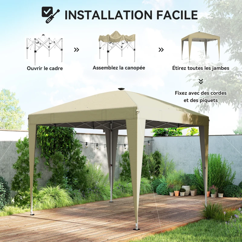 Outsunny Tonnelle de jardin 3 x 3 m avec éclairage pop up tente pliante réglable en hauteur télécommande sac de transport crème